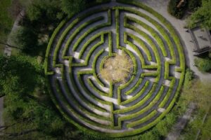 vista aérea de un laberinto circular rodeado de árboles